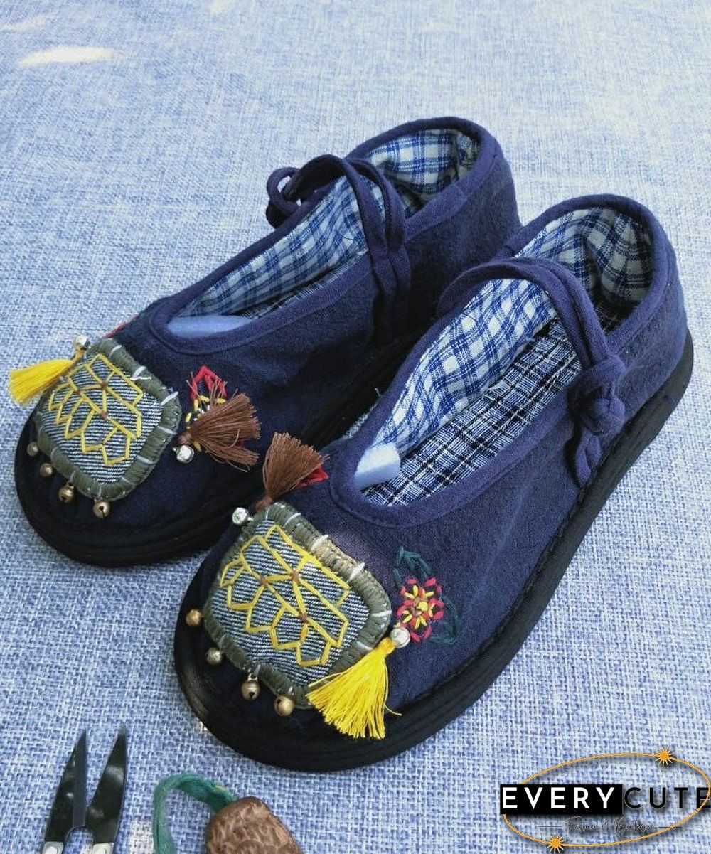 Handmade Navy Tassel Splicing Women Cotton Fabric Flat Feet Shoes