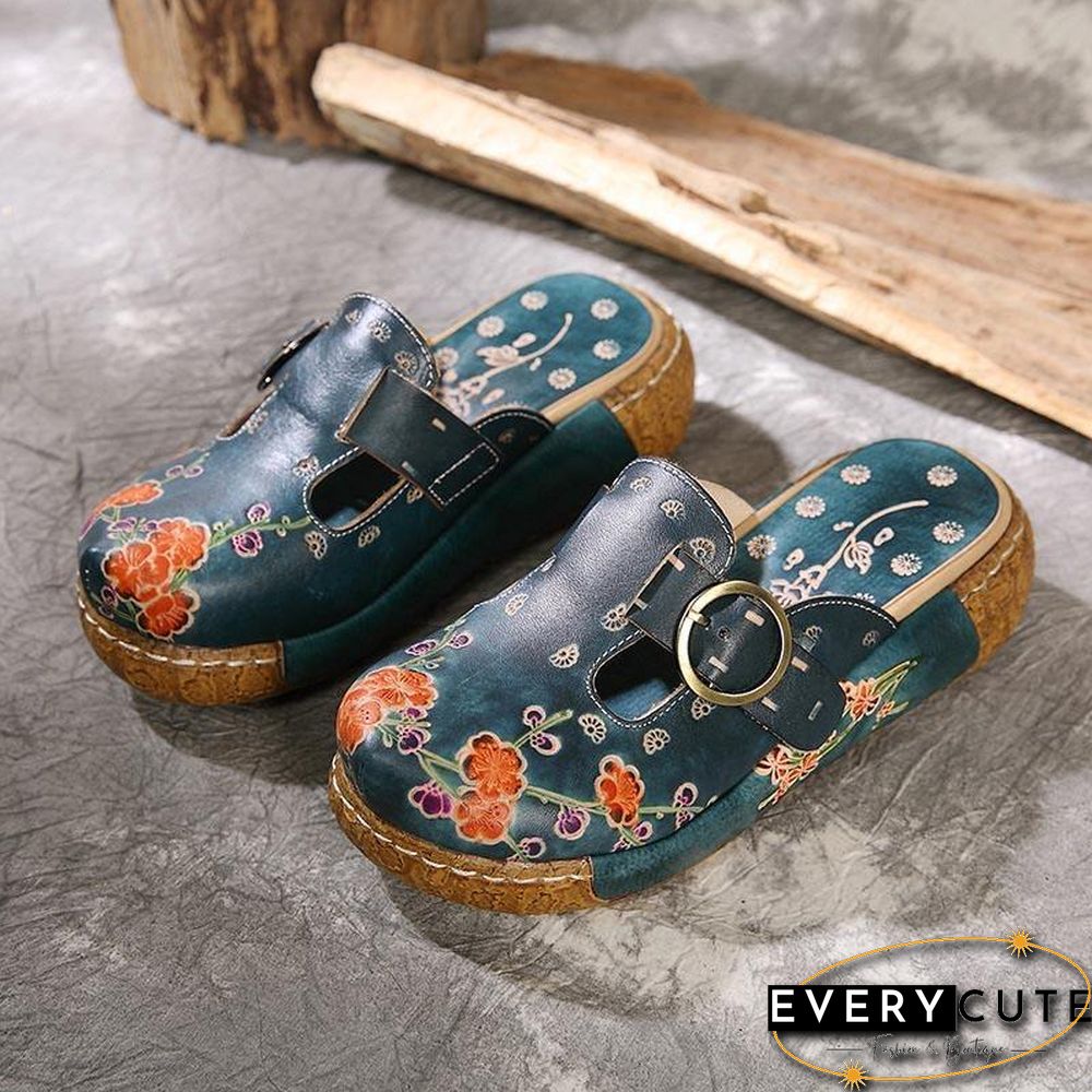 Unique Embossed Platform Slippers Shoes Blue Cowhide Leather