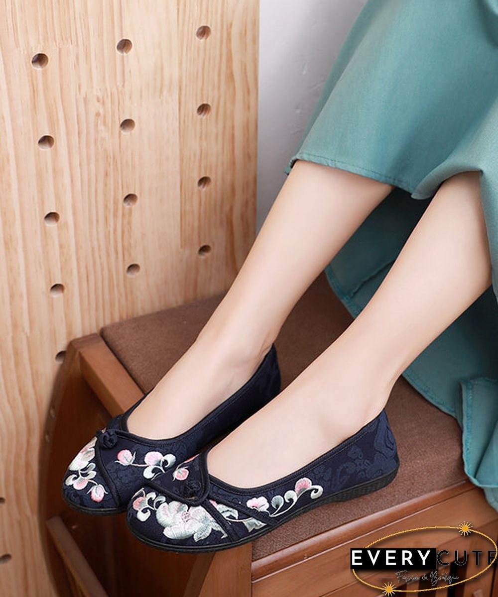 Comfy Blue Flats Embroideried Cotton Fabric Flat Shoes For Women