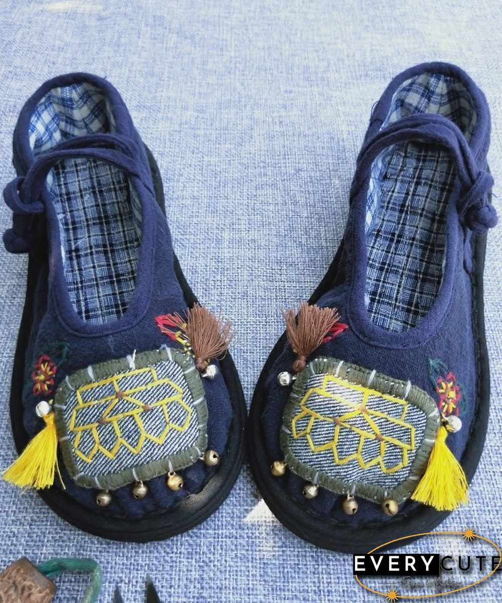 Handmade Navy Tassel Splicing Women Cotton Fabric Flat Feet Shoes