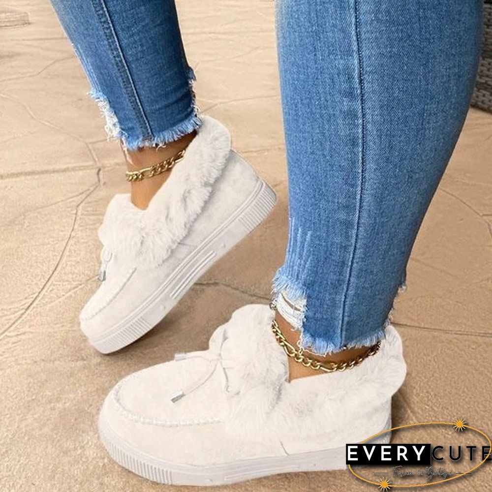 New Women Bowknot Suede Faux Fur Moccasin Shoes Warm Lightweight Slippers Non-Slip Platform Shoes Winter Cute Soft Snow Boots Casual Suede Flat Plush Shoes Comfortable Wearing Tenis Feminino