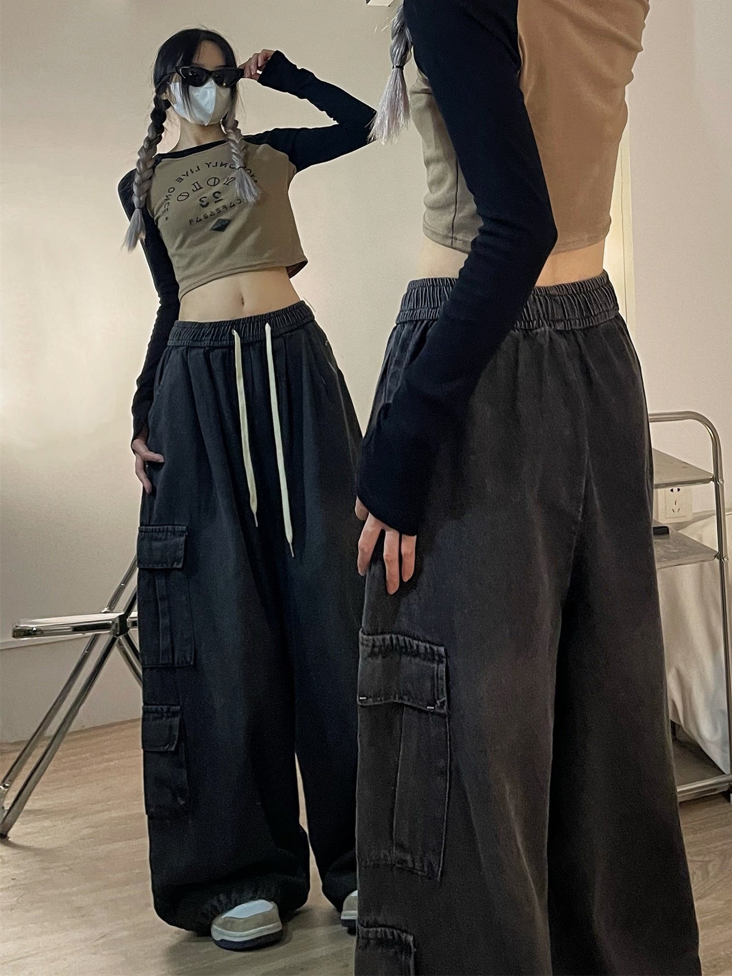 Dian Solid Color Retro Streetwear Straight Wide Leg Multi-Pocket High Waist Cargo Pants