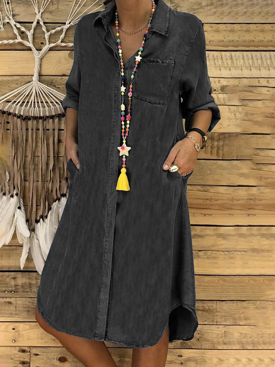 Fashion Solid Color Lapel Long Sleeve Loose Denim Casual Dress