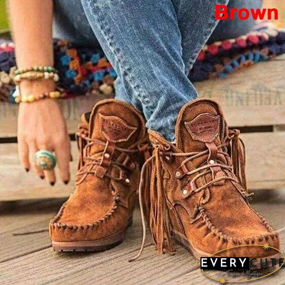 NEW Women Ankle Boots Retro Medieval Suede Faux Leather Tassel Round Toe Mid-Century Suede Faux Leather Casual Shoes