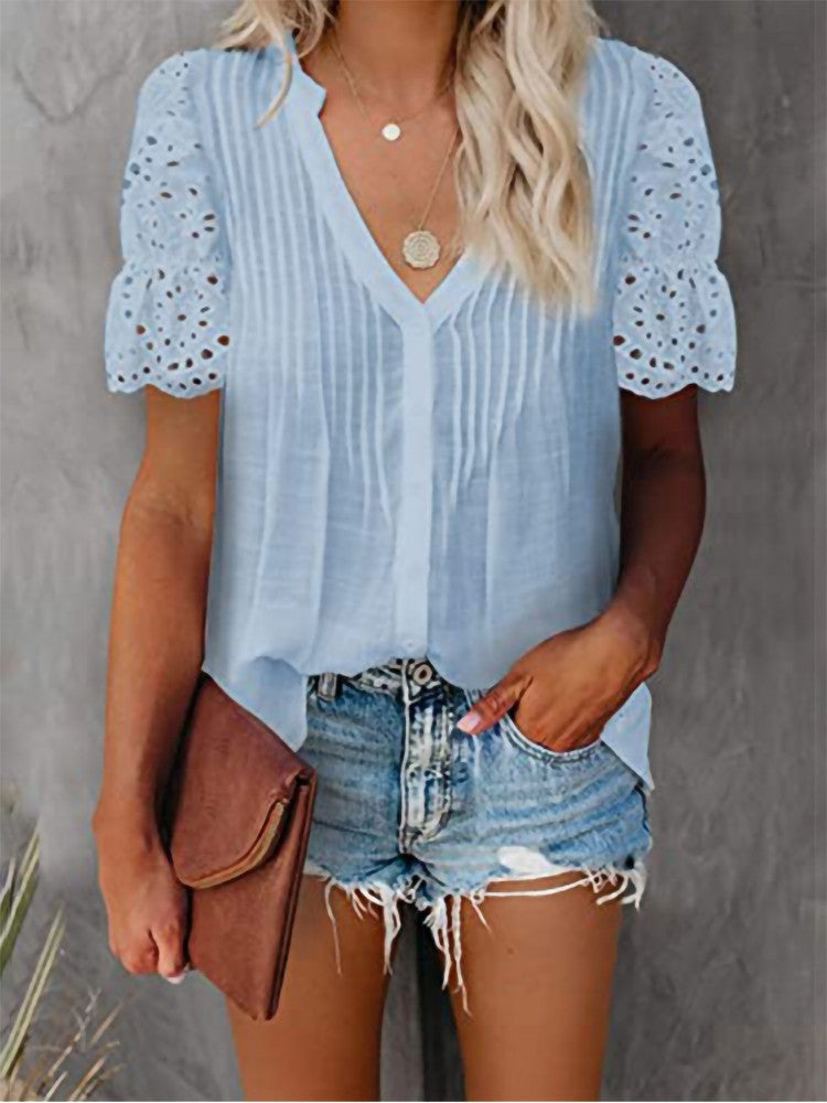 Women's Top V-Neck Lace Casual Fashion T-Shirt