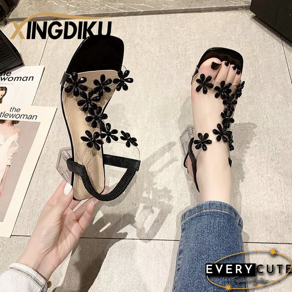 High-heeled Sandals Women's Summer New Style Fashion Small Flower Decoration Buckle Transparent Square Heel Women's Shoes