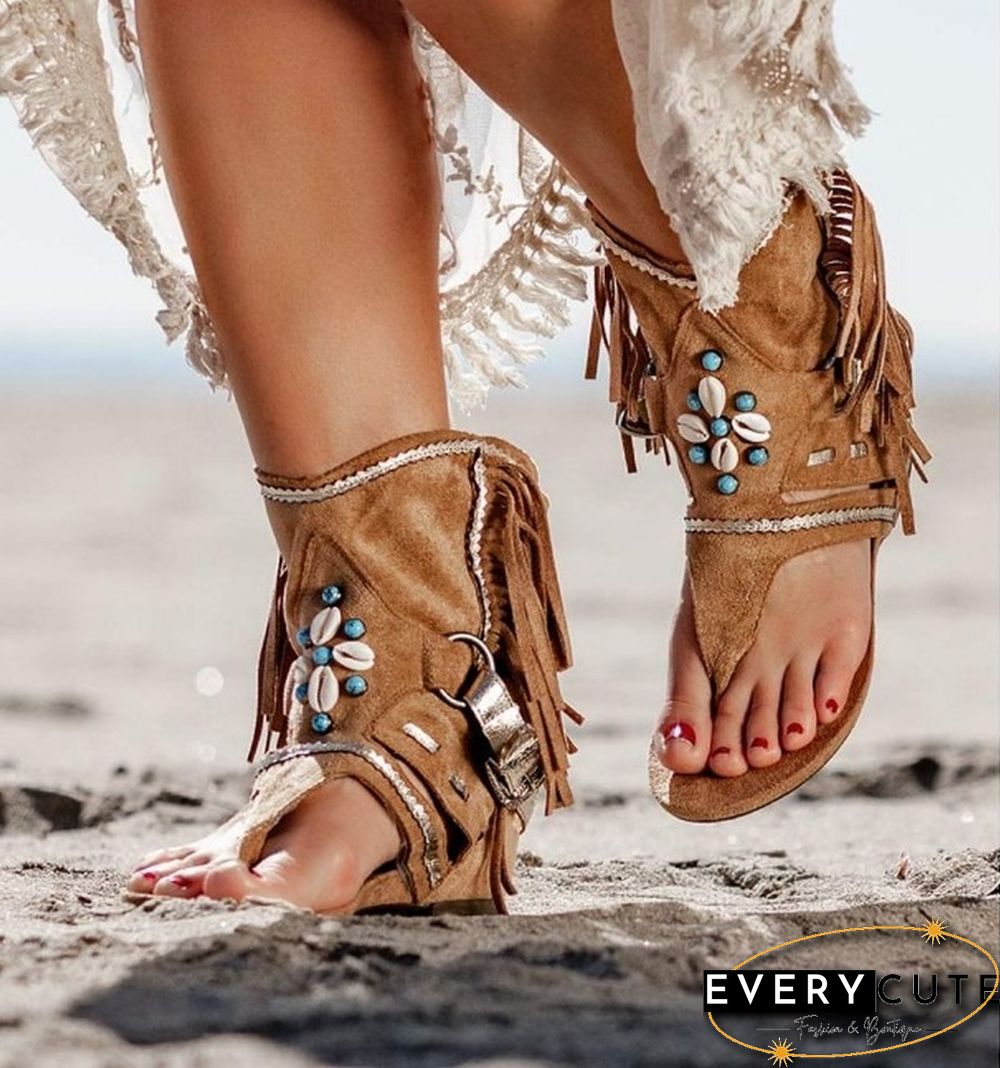 Retro Women Fringe Flower Wedges Shoes Solid Flock Beach Casual Sandals Women Summer Flip Flop Sandals