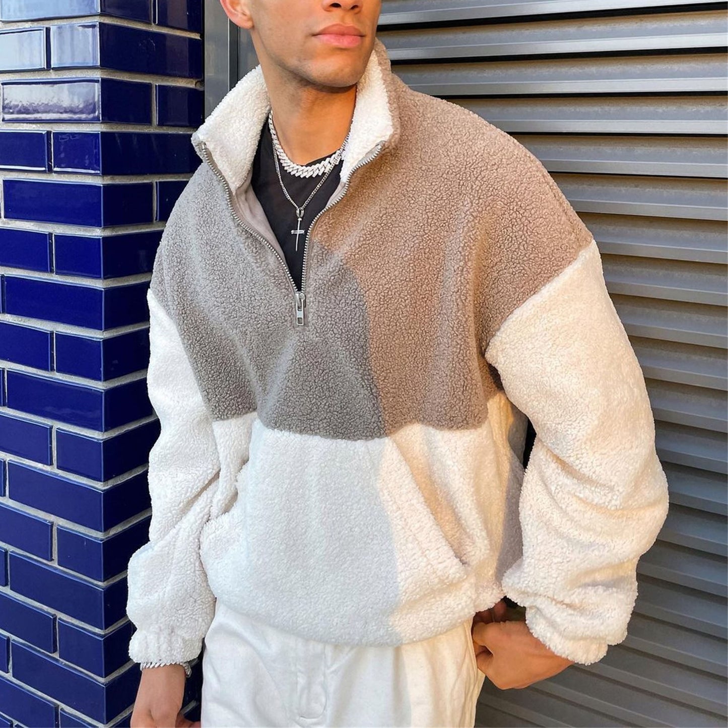 Men's Simple Contrast Color Polar Fleece Skateboard Sweatshirt