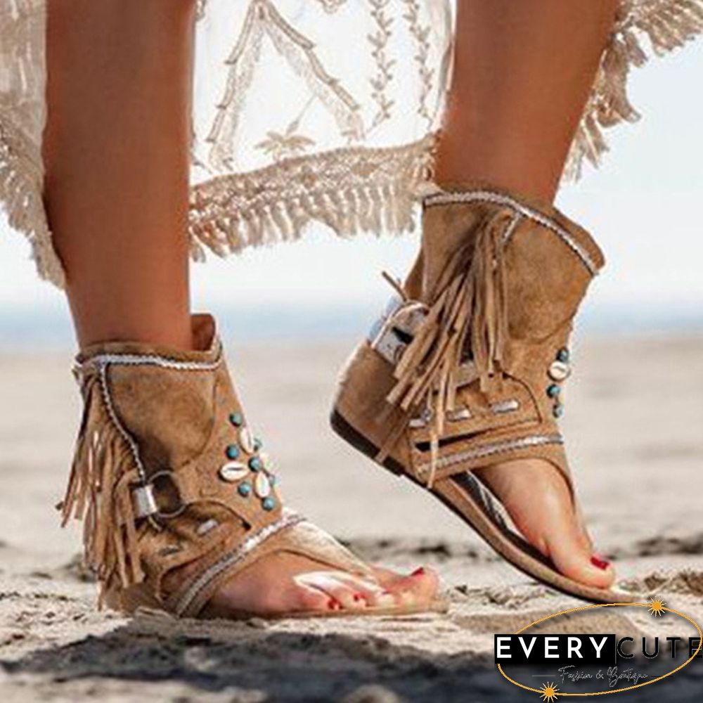 Women's Fashion Tassel Roman Boho Sandals Flock Retro Ankle Sandal Shoes Summer Flats Flip Flops Bohemian Beach Boot Shoes Plus Size