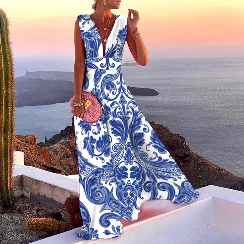 Sexy Cutout Sleeveless Beach V Neck Halter Vacation Dresses