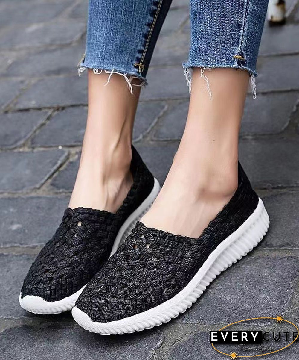 Pink Flat Shoes Knit Fabric Handmade Splicing Women