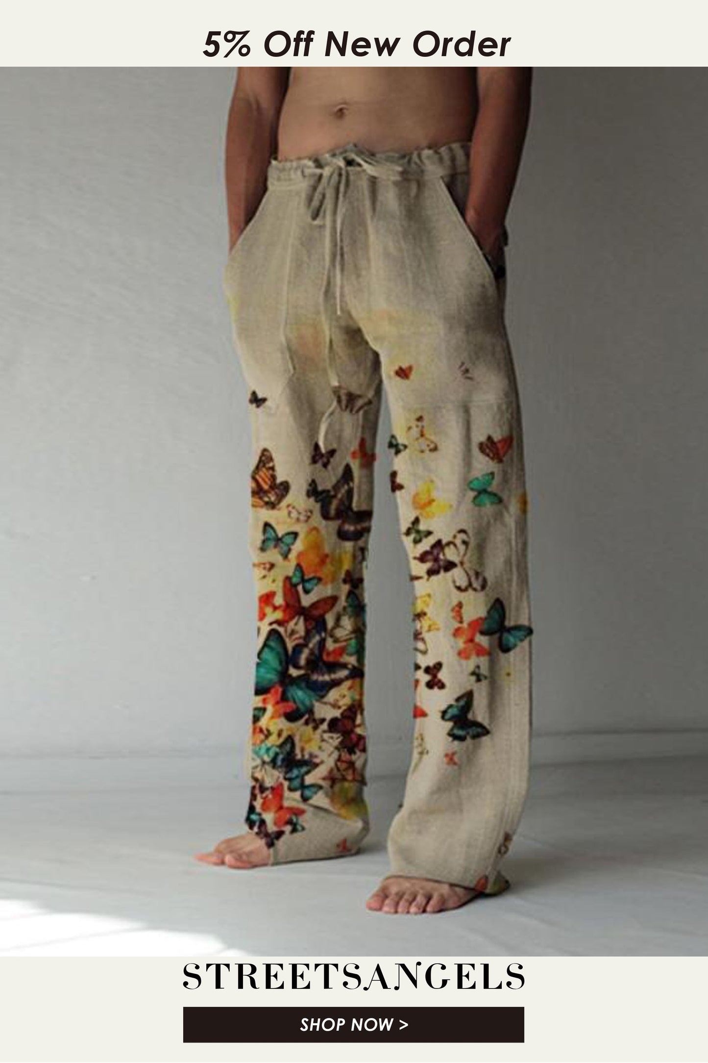 Men's Cotton Linen Casual Butterfly Print Pocket Loose Sweatpants