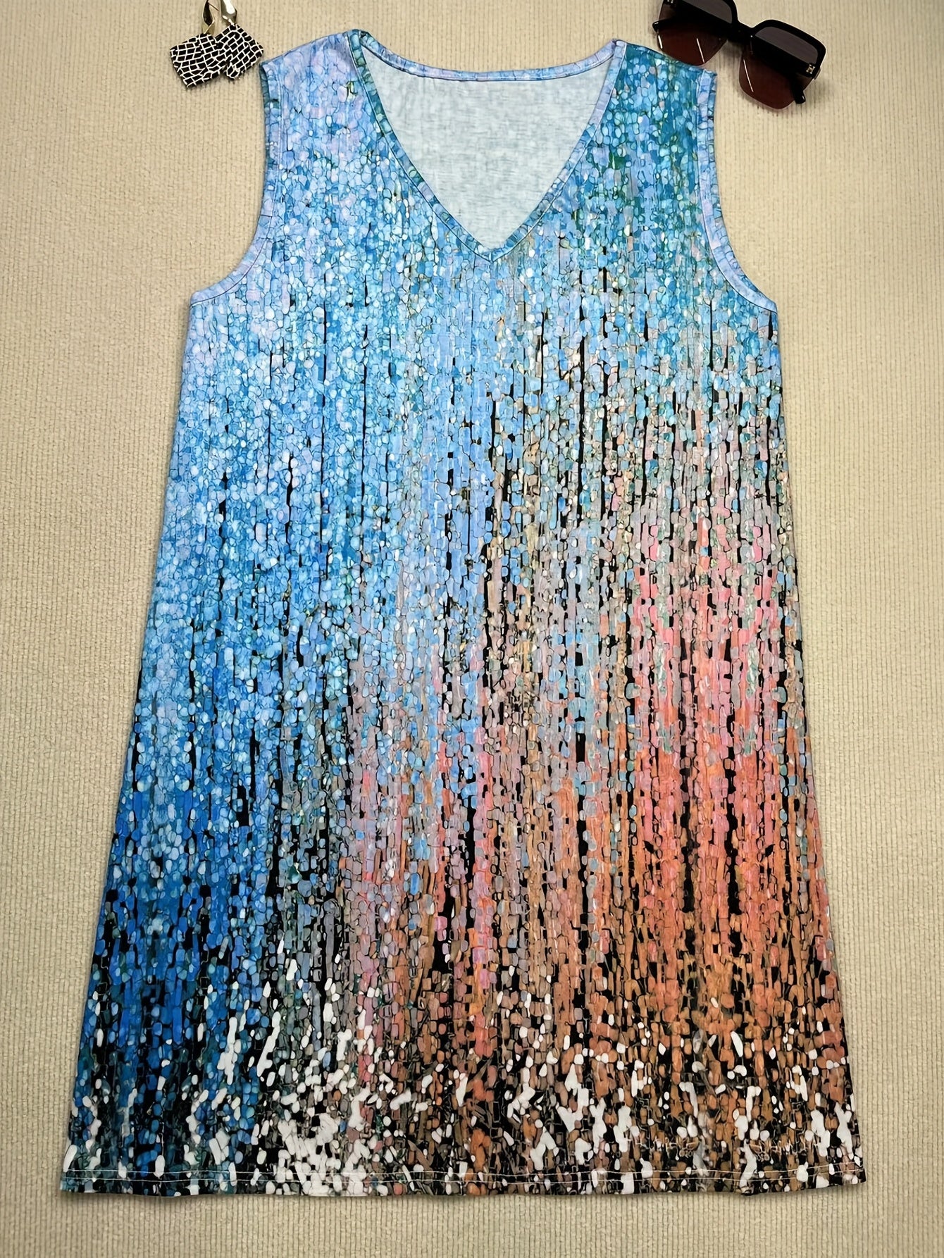 Plus Size Casual Tank Dress, Women's Plus Painting Print V Neck Slight Stretch Slight Dress