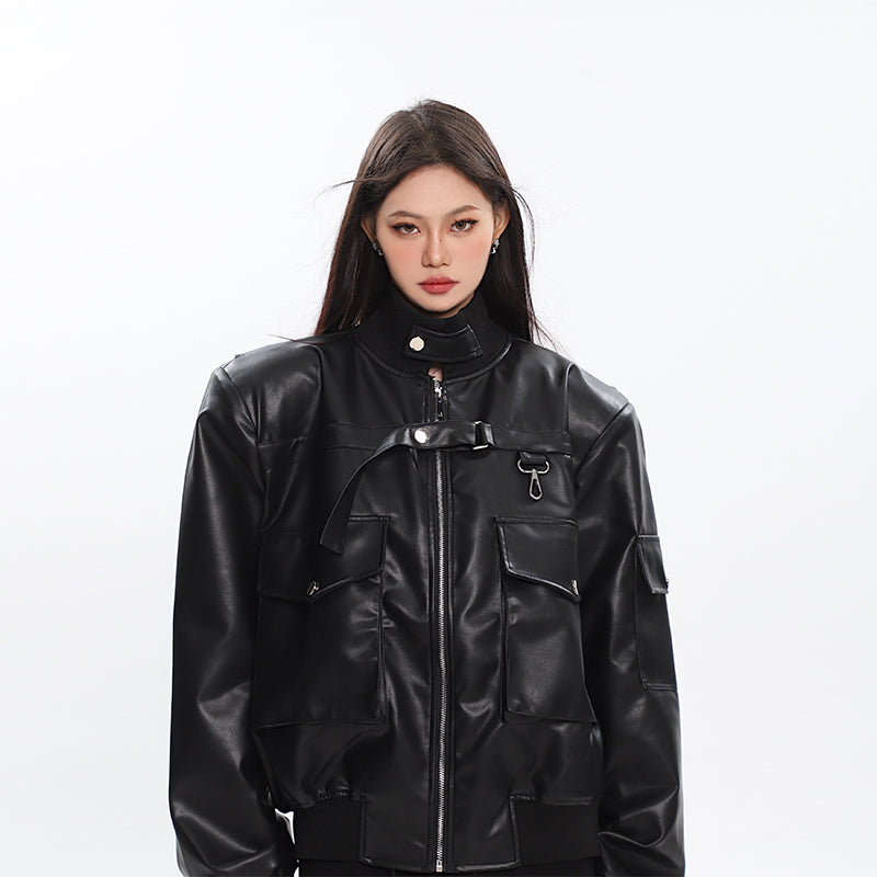 Cassy Cool Girl Biker Pu Leather Long Sleeve Zip Up Jacket