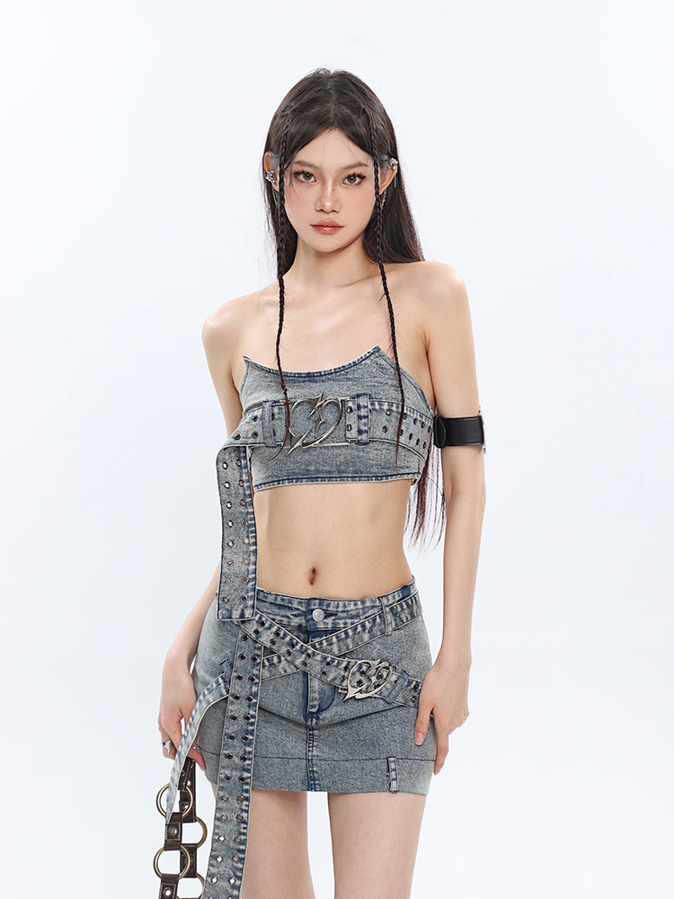 Chrome Denim Heart Belt Bandeau Top + Denim Belt Wrap Mini Skirt + Denim Micro Flare Jeans Pants Matching Set