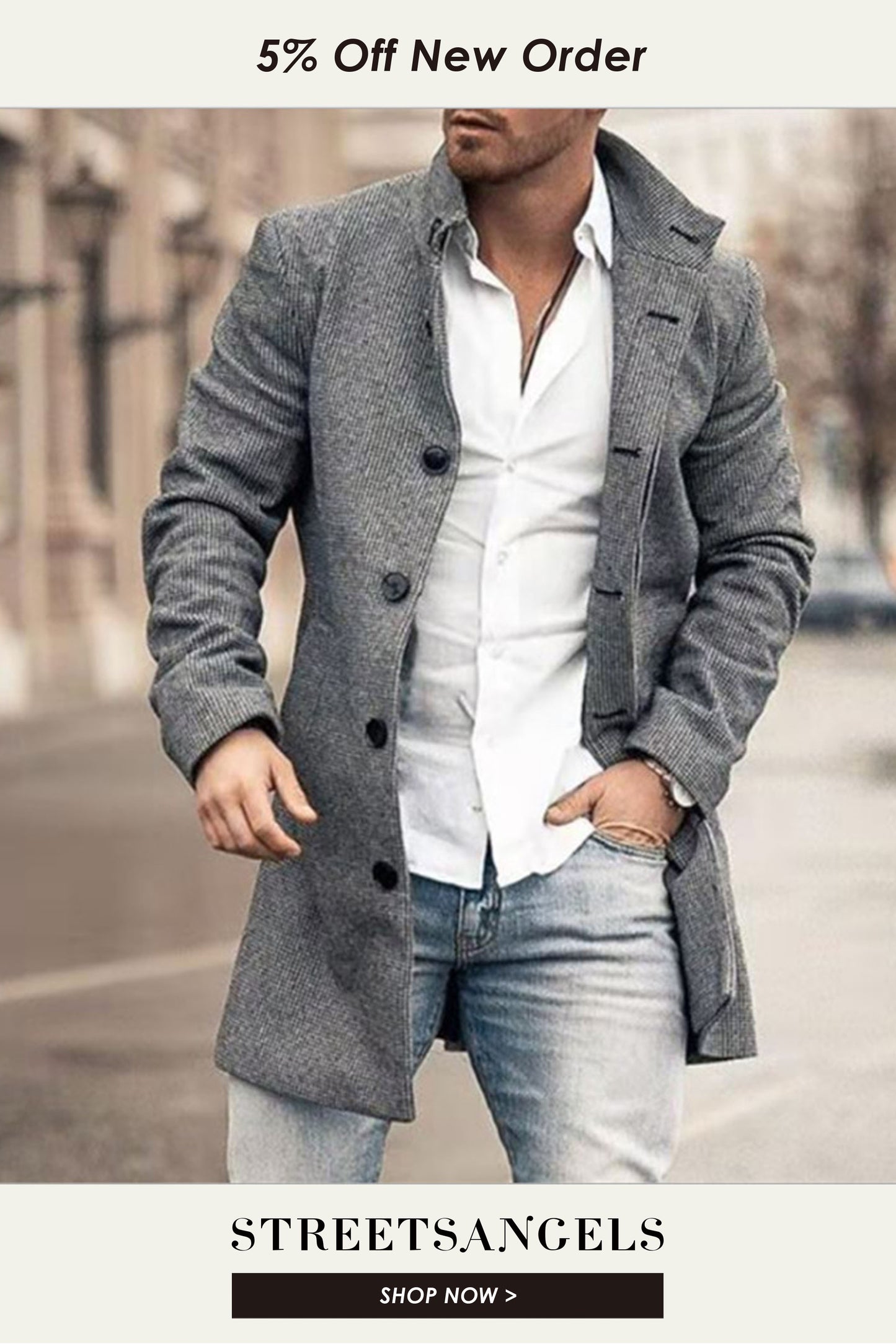 Men's Fashion Stand Collar Slip Pocket Casual Wool Mid-Length Coat