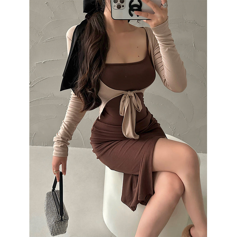 Jaine Solid Color Side Split Slim Long Sleeve Tight Wrap Dress Cardigan Set