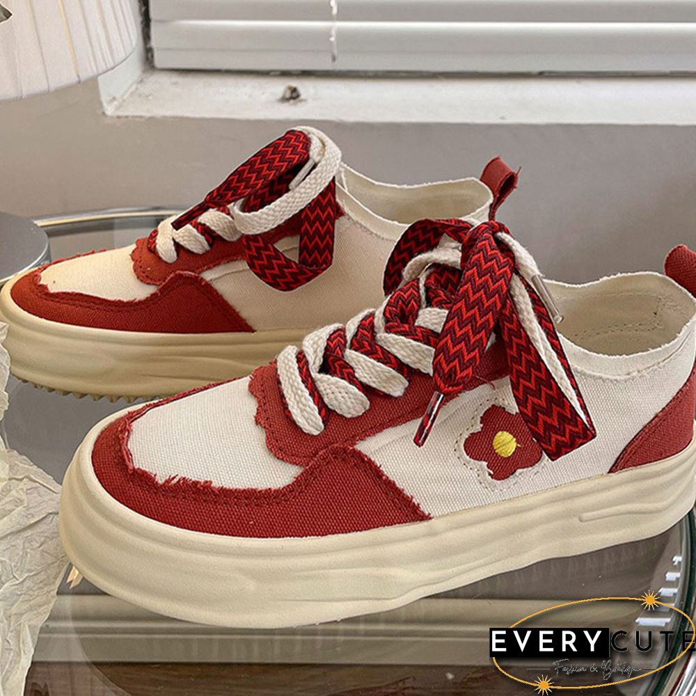 Little Red Flower Colorblock Canvas Shoes