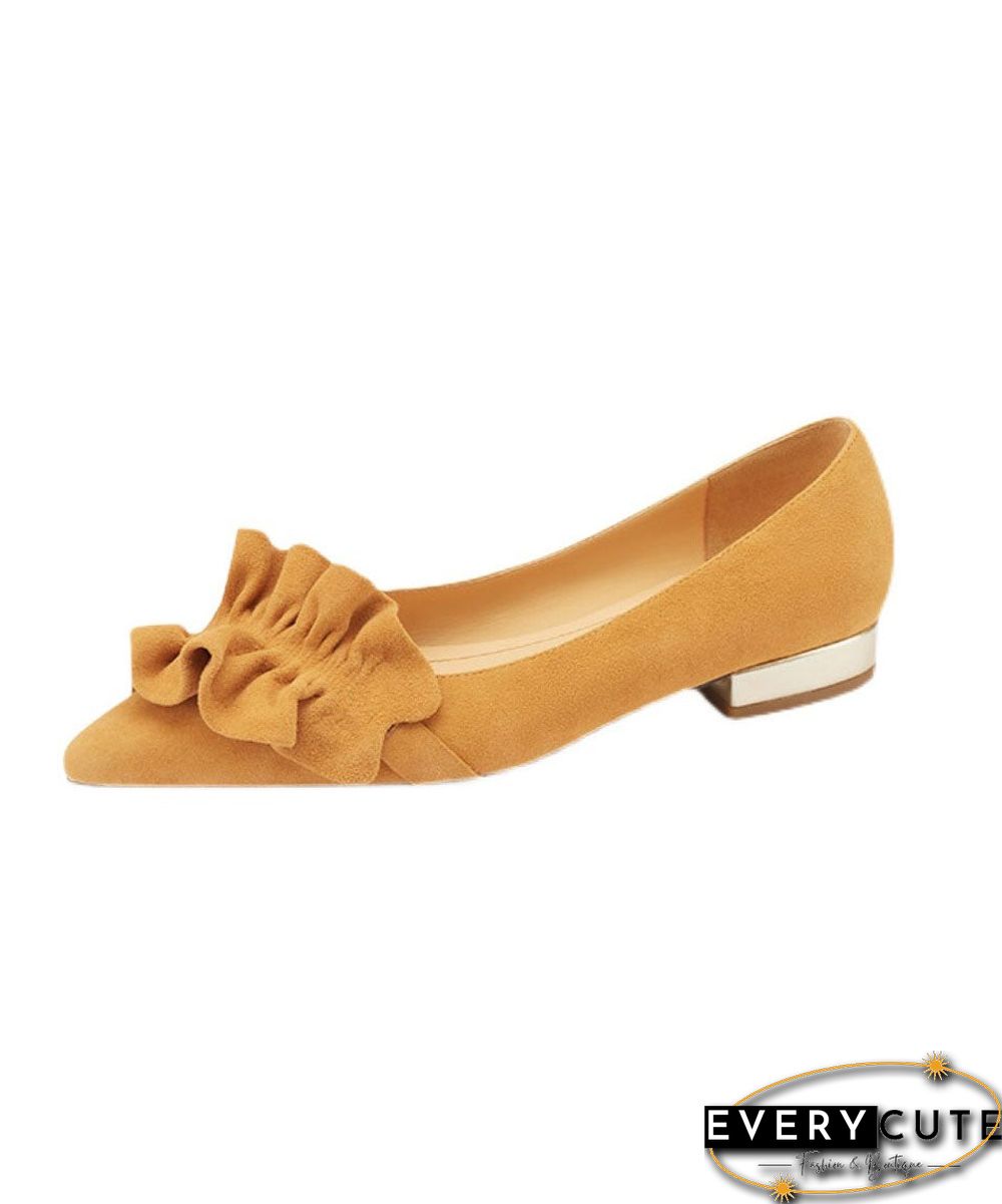 Yellow Ruffled Splicing Pointed Toe Sheepskin Flat Feet Shoes French