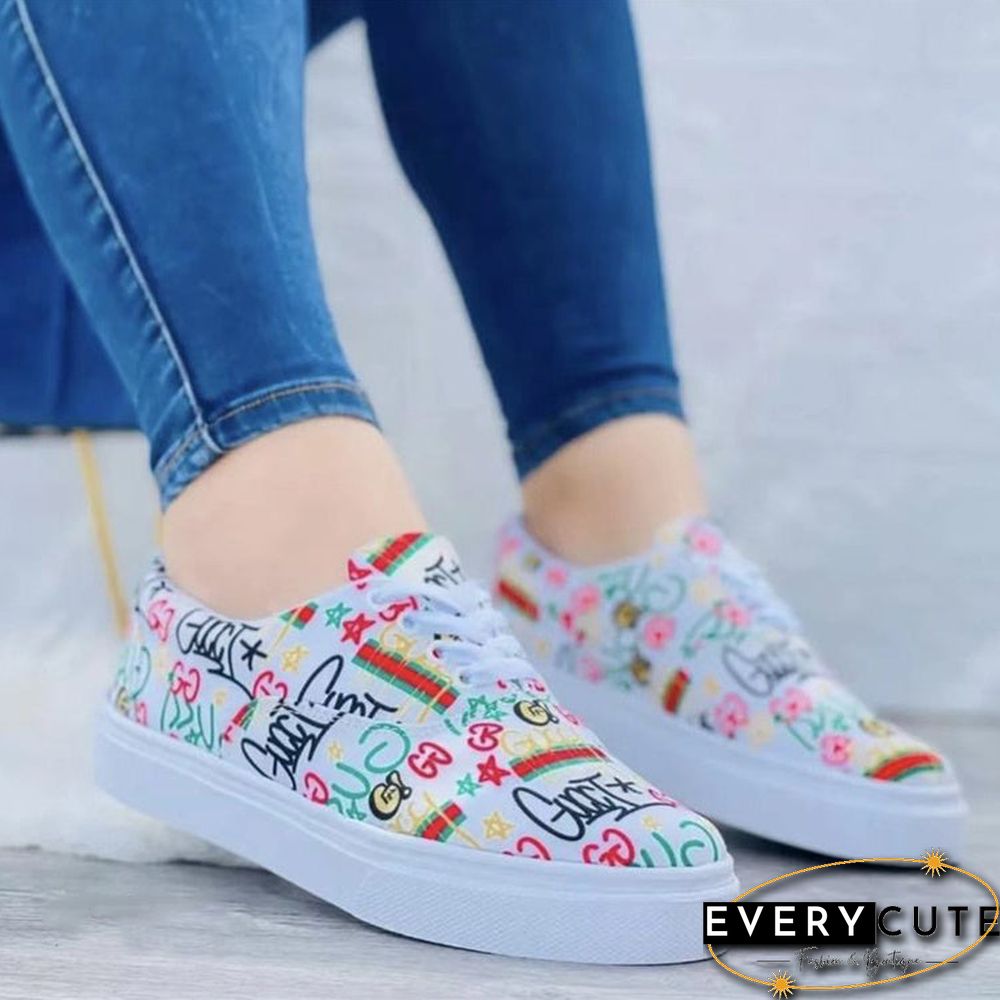 Women's Graphic Printed Round Toe Flat Heel Shoelaces Casual Shoes