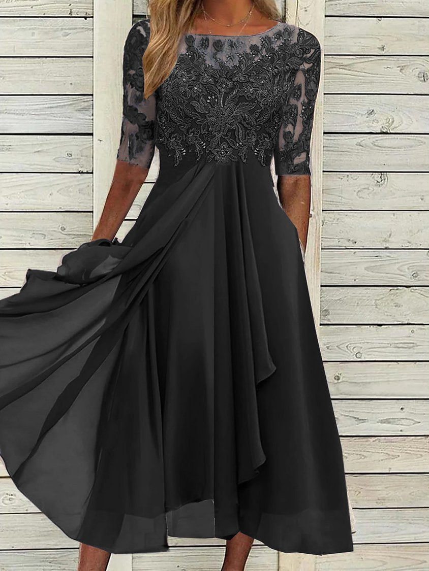 Round Neck Lace Swing Elegant Occasion Formal Midi Prom Dress AD499