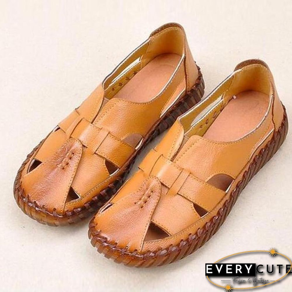 Women Genuine Leather Handmade Sandals Retro Style Mother Flats Shoes