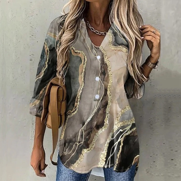 Fashion Sexy V-Neck Printed Single Breasted Casual Loose Blouses