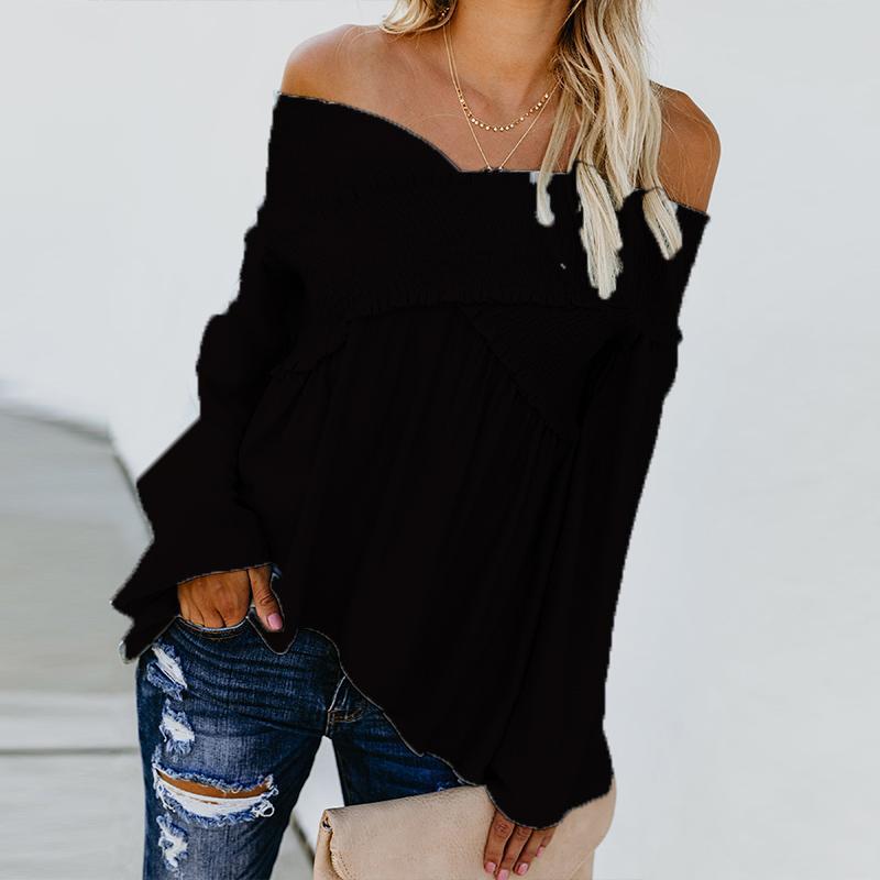 Elastic Off Shoulder Long Flare Sleeve Plain Pleated Loose T-Shirts