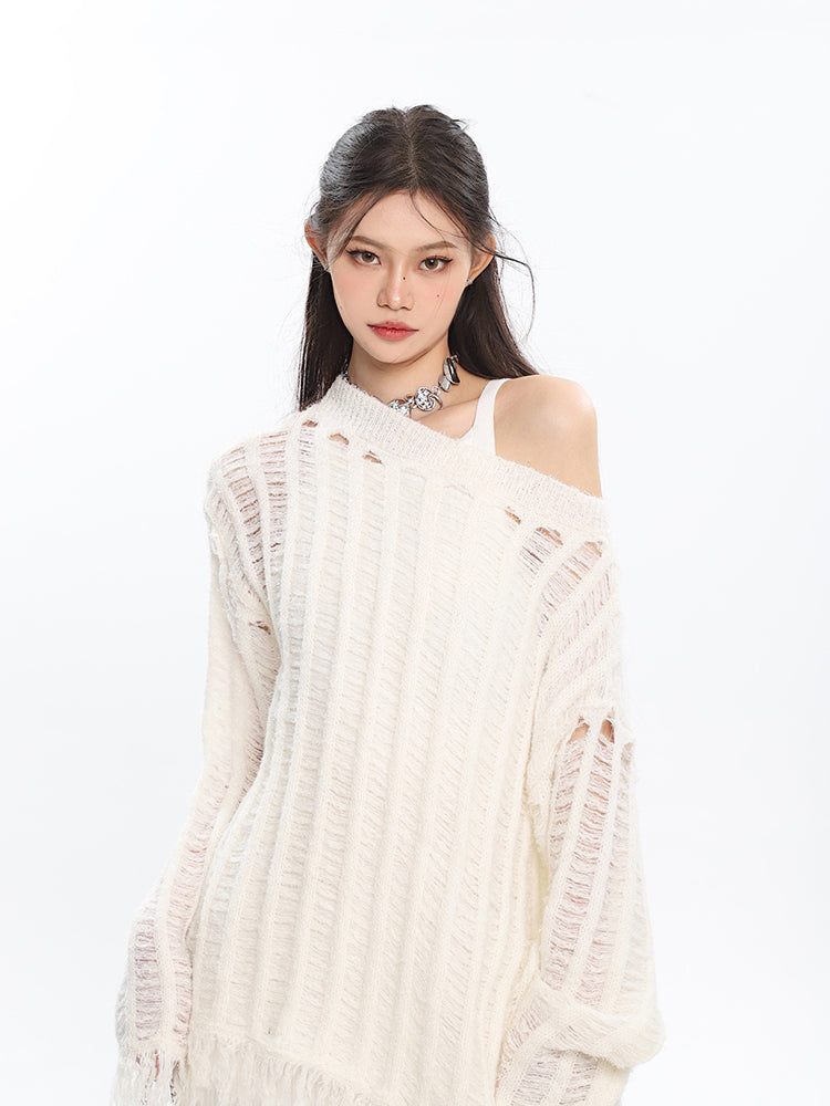 Christine Solid Color Knitted Distressed Turtleneck Cutout Long Sleeve Sweater Top