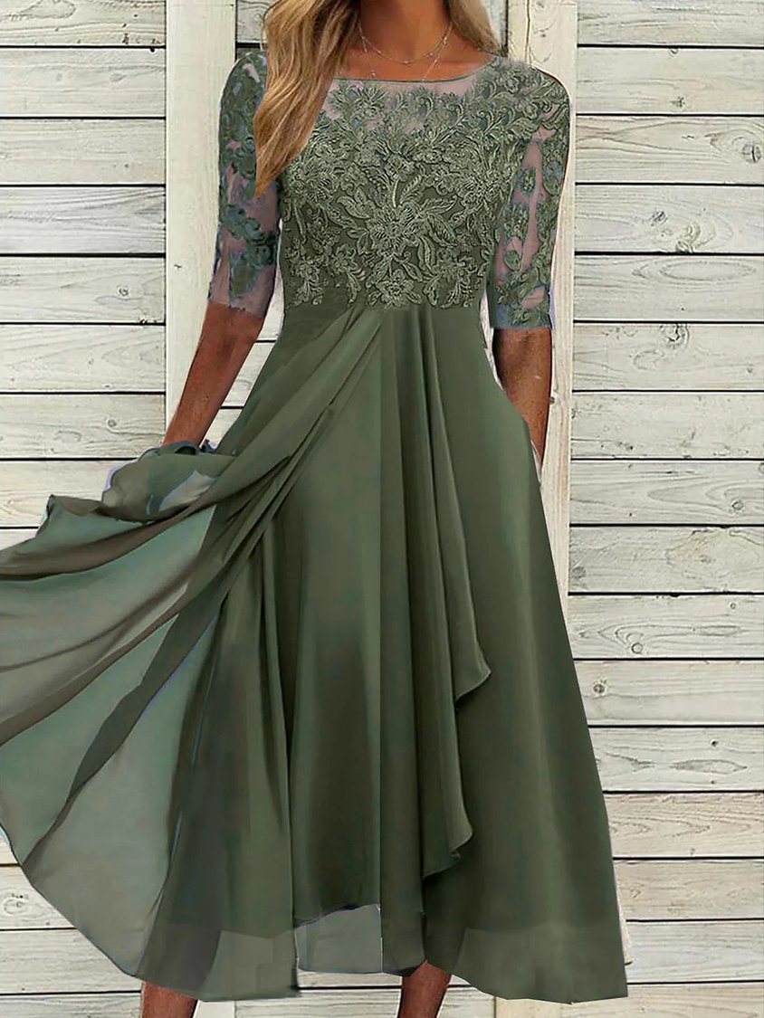 Round Neck Lace Swing Elegant Occasion Formal Midi Prom Dress AD499