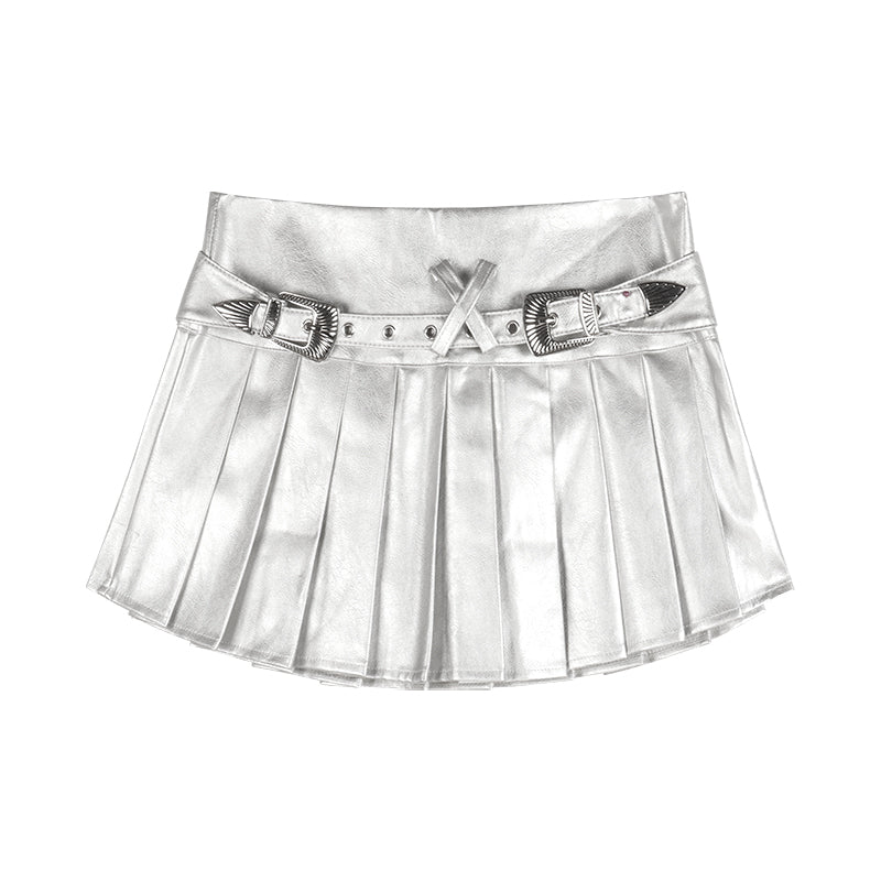 Mianna Solid Color Ribbed Turtleneck Slim Cropped Top + Solid Color Metallic Pleated Preppy Mini Skirt Set