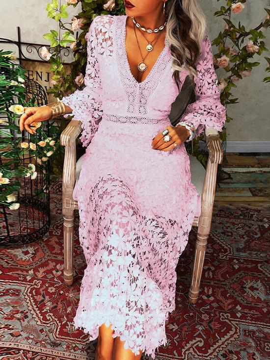 Elegant Lace V-Neck Dress with Long Sleeves