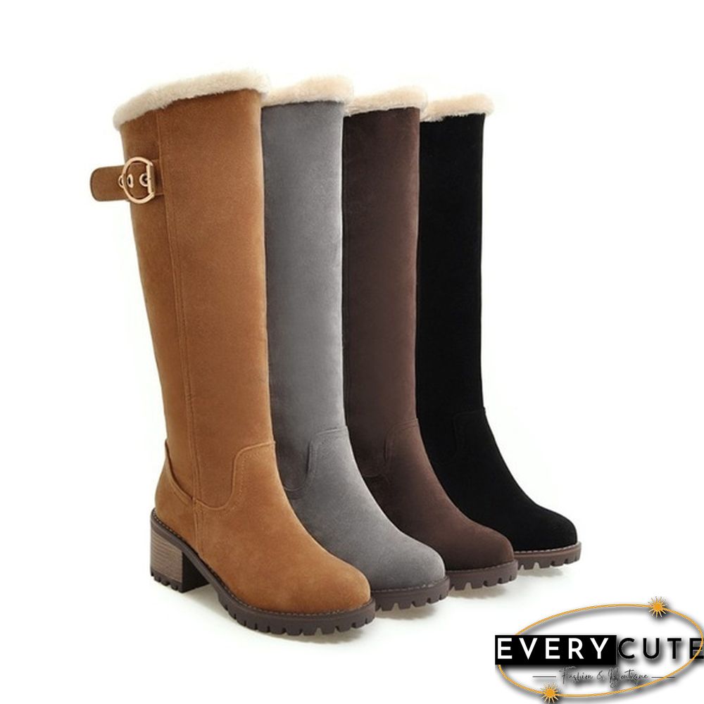 Fashion Women Knee High Snow Boots Warm Fur Nubuck Leather Tall Buckled Boots Winter Waterproof Chunky Heel Long Boots with Zipper