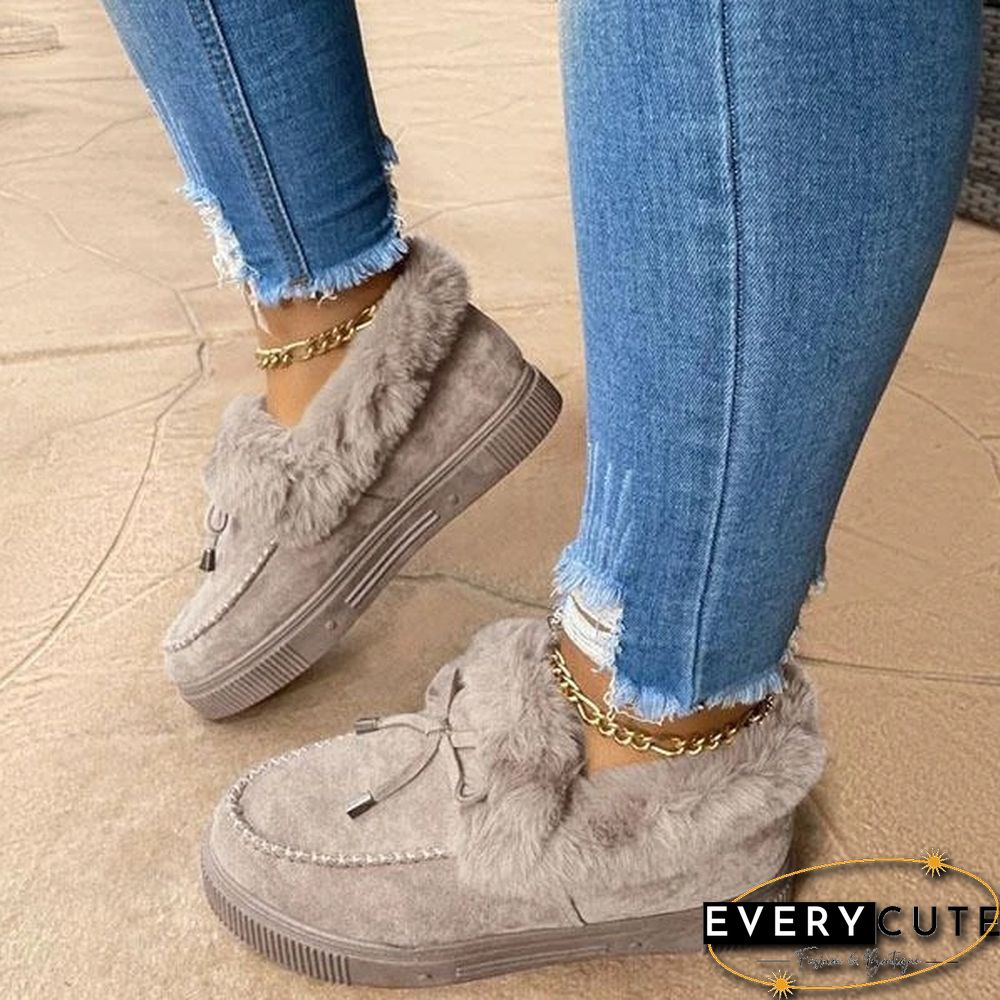 New Women Bowknot Suede Faux Fur Moccasin Shoes Warm Lightweight Slippers Non-Slip Platform Shoes Winter Cute Soft Snow Boots Casual Suede Flat Plush Shoes Comfortable Wearing Tenis Feminino