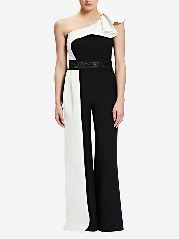 High Waisted Wide Leg Contrast Color Split-Joint One-Shoulder Jumpsuits