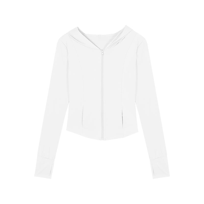 Stacey Solid Color White Long Sleeve Hooded Zip Up Cardigan Sweatshirt