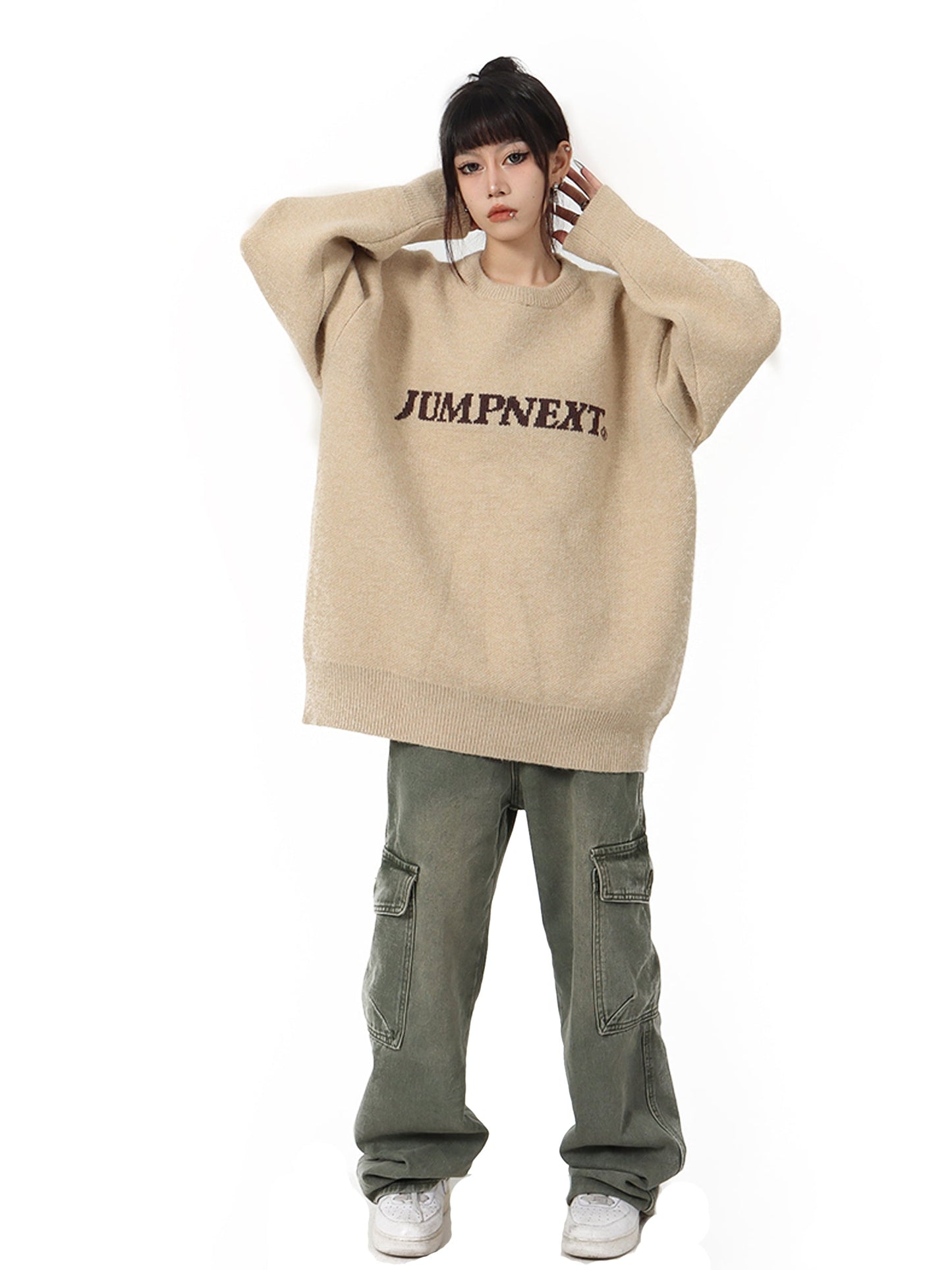 JUMP NEXT Logo Letter Print Loose Casual Long Sleeve Sweater