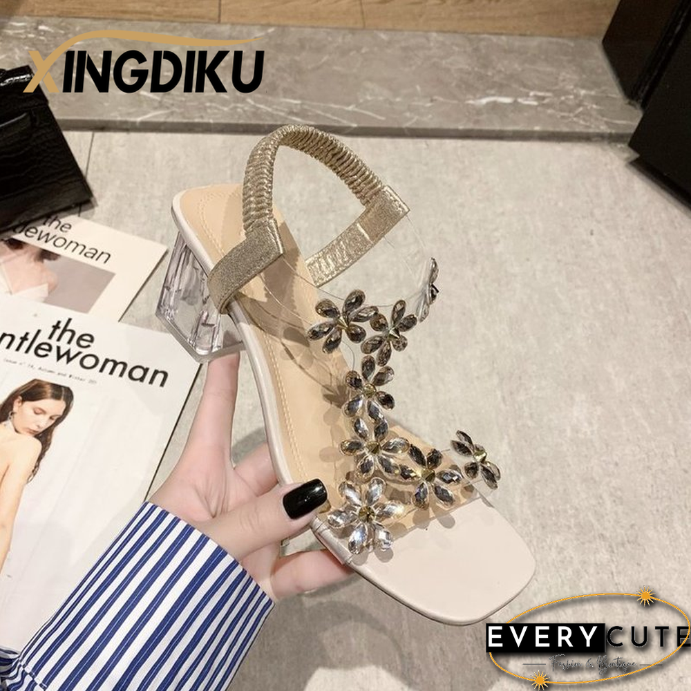 High-heeled Sandals Women's Summer New Style Fashion Small Flower Decoration Buckle Transparent Square Heel Women's Shoes