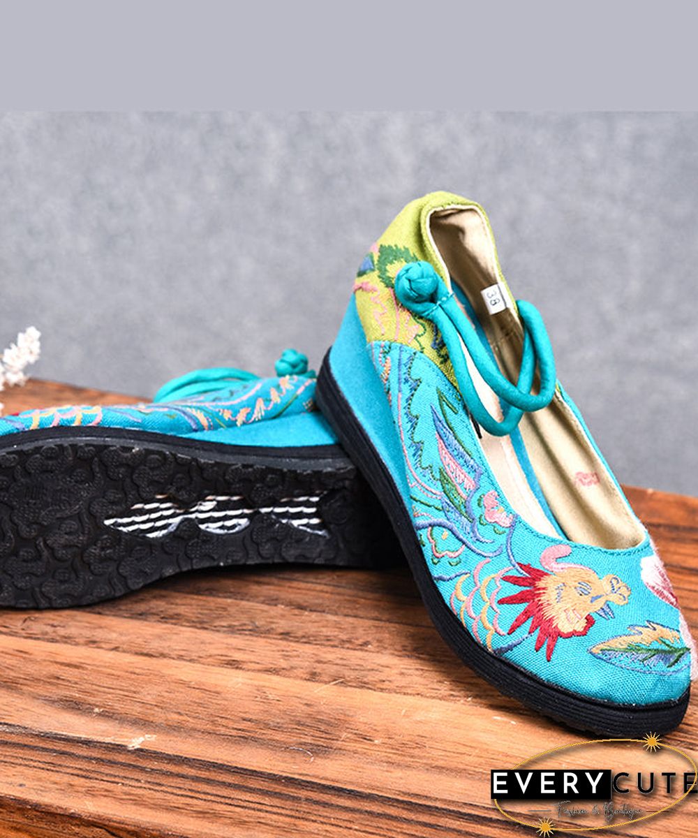 Blue High Wedge Heels Shoes Wedge Cotton Fabric Handmade Embroideried Patchwork Buckle Strap High Wedge Heels Shoes