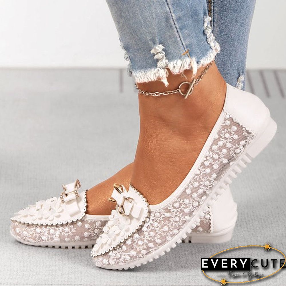 Women's Elegant Applique Bowknot Decor Lace Split Joint Flat Shoes