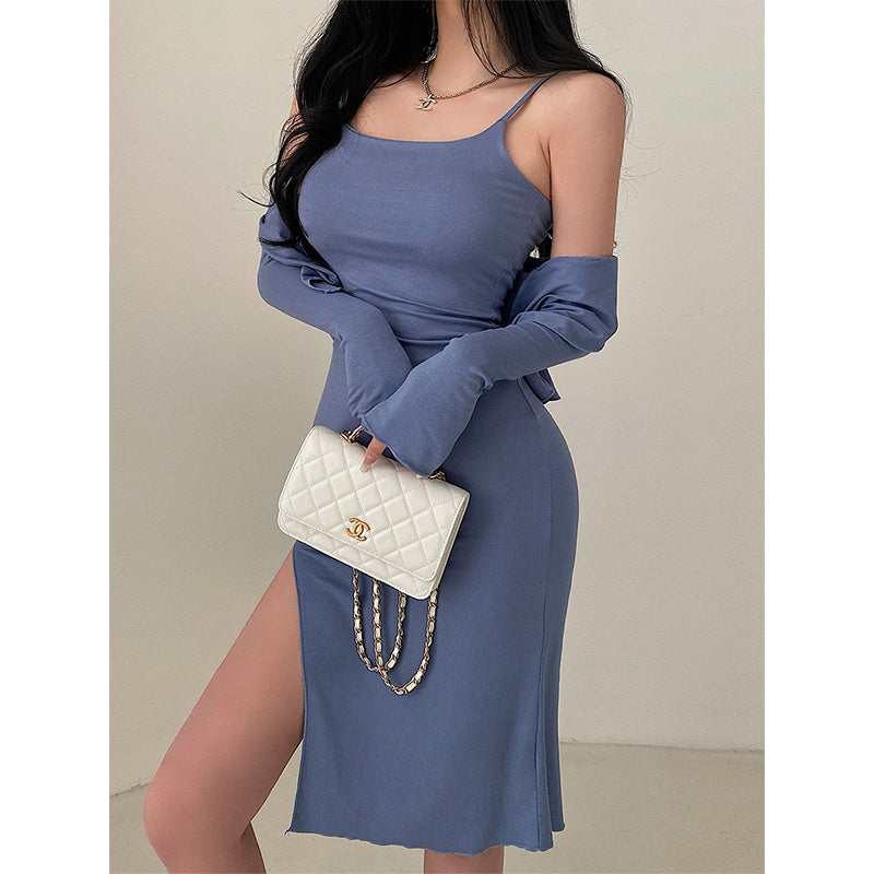 Valerie Solid Color Sleeveless Side Split Square Neck Short Dress Long Sleeve Cardigan Set