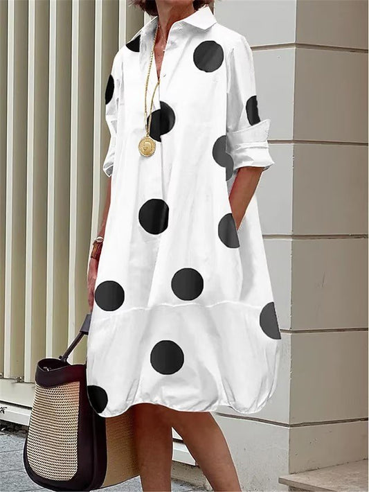 Polka Dots Loose Casual Shawl Collar Dress  AH088