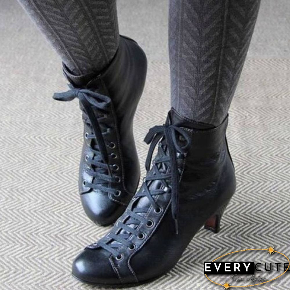 New Fashion Victorian Round Toe Leather Boots for Women Rustic Booties Steampunk Lace Up Low Heel Boots Vintage Ankle Boots Jeans Boots