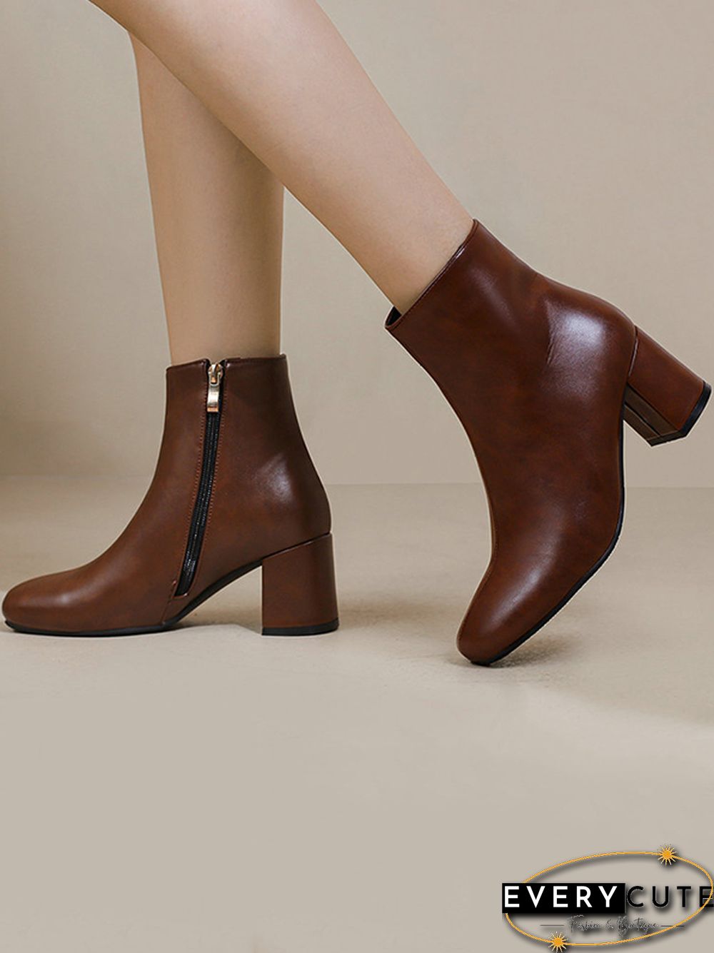 Round-Toe Split-Joint Zipper Boots Pumps