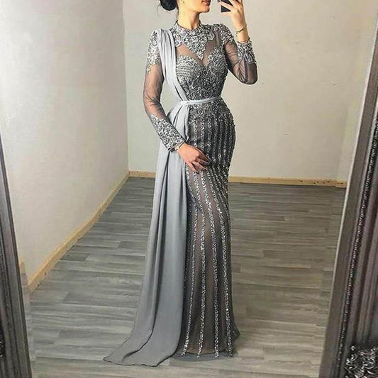 Crystal Sequin High Neck Long Sleeves Evening Dresses