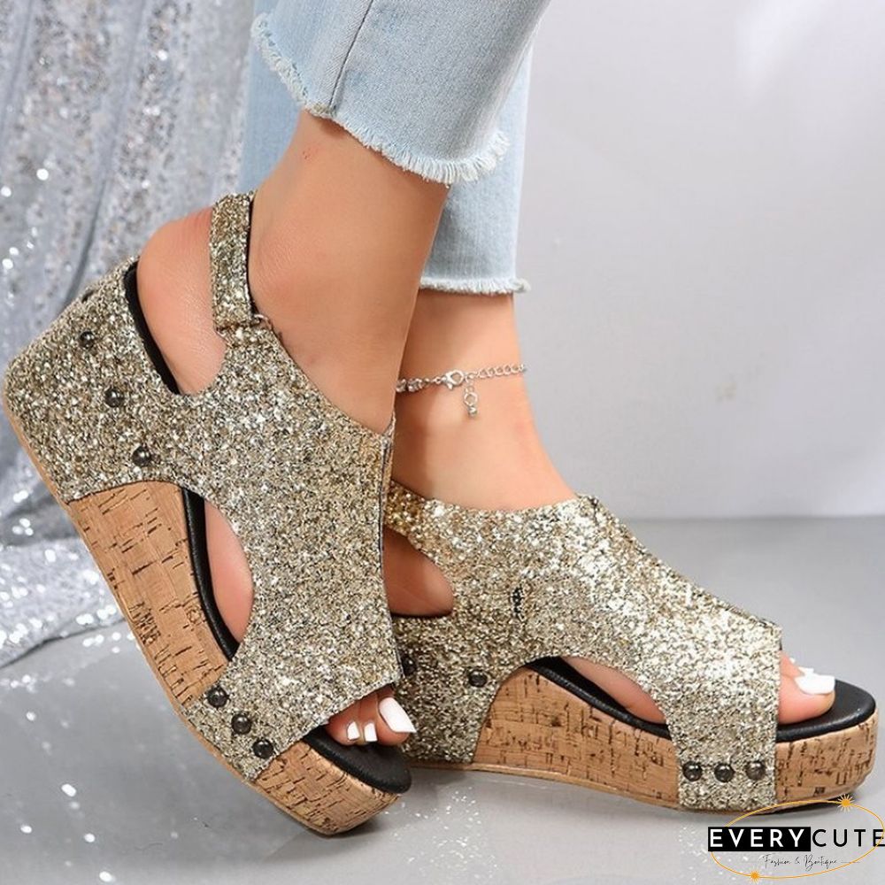 Black Casual Hollowed Out Sequins Patchwork Fish Mouth Out Door Wedges Shoes