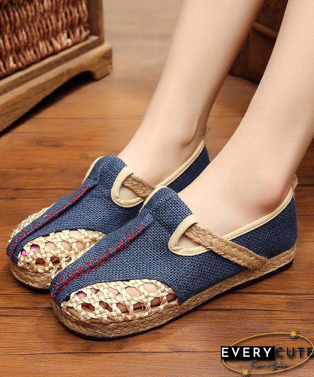 Red Flat Feet Shoes Linen Fabric Casual Hollow Out Flats