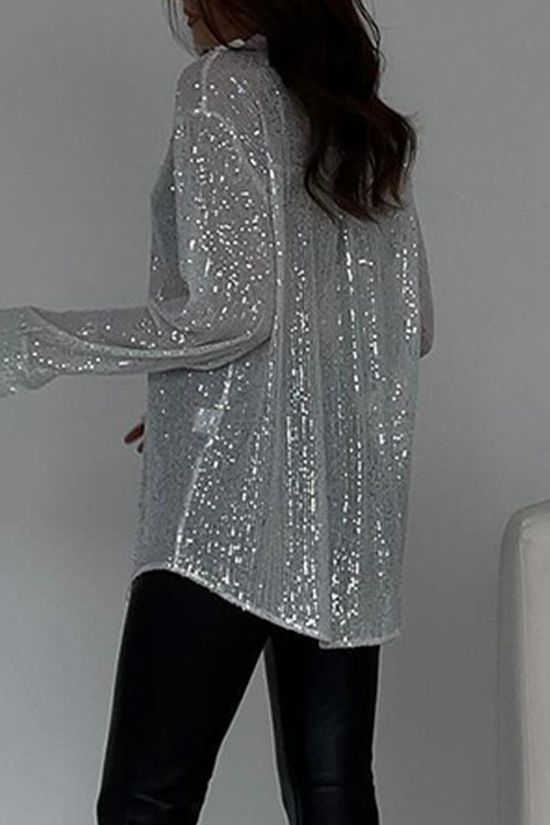 Sexy Solid See-through Sequined Turndown Collar Blouses