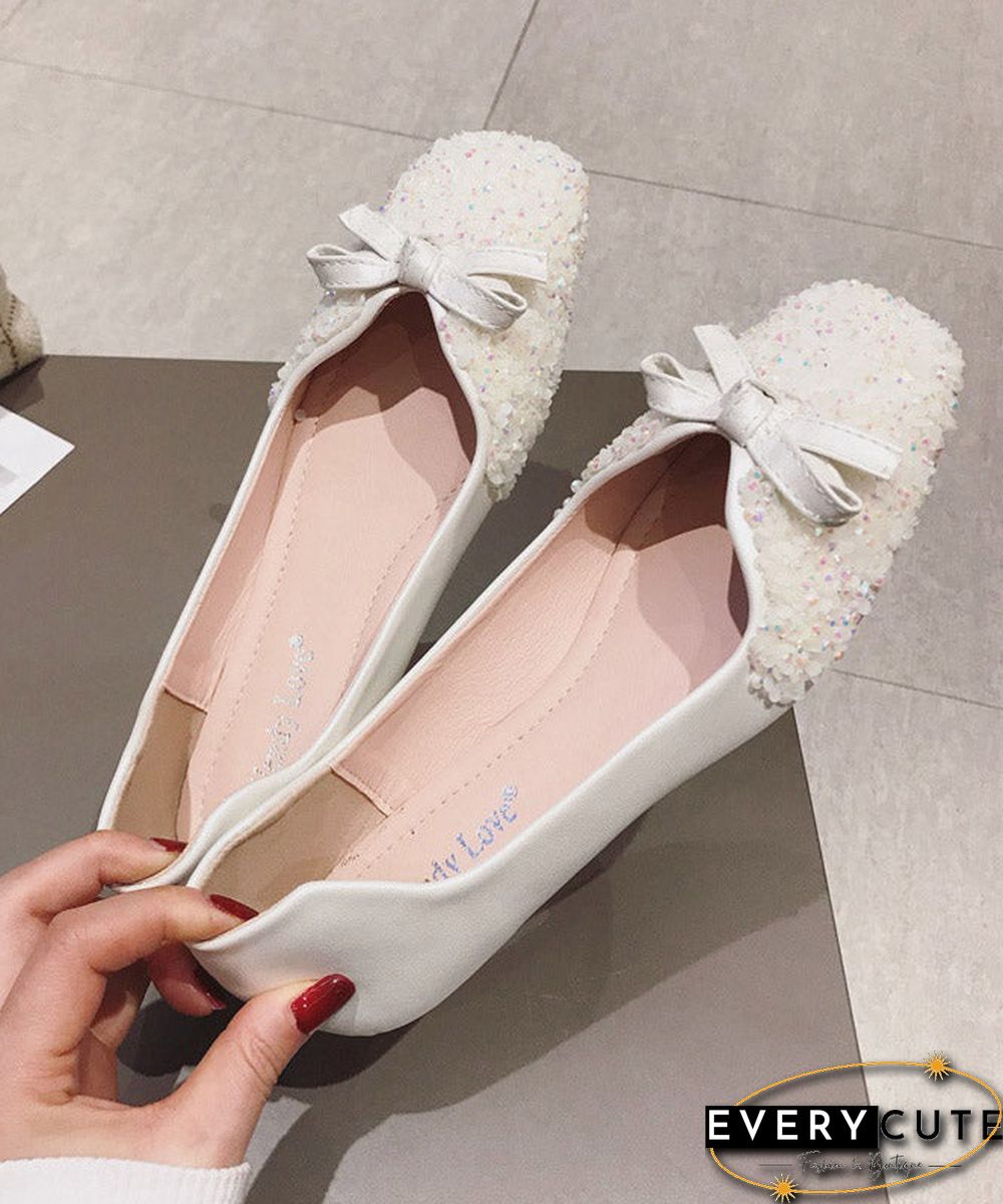 Beautiful White Splicing Sequlinde Bow Flats Shoes