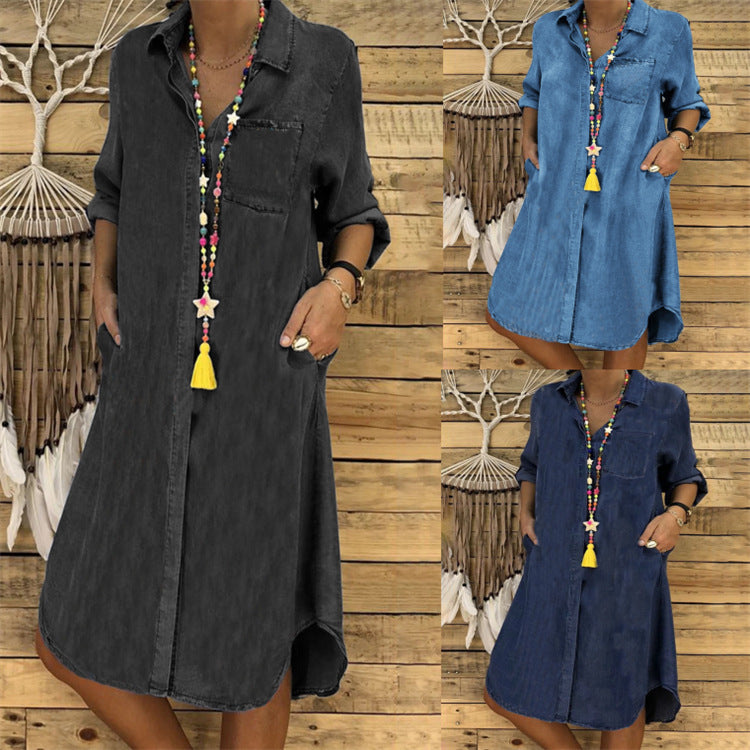 Fashion Solid Color Lapel Long Sleeve Loose Denim Casual Dress